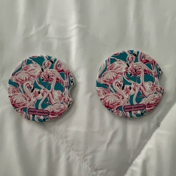 Set of 2 Simply Southern Flamingo Car Coasters. Ceramic. New - Picture 1 of 1